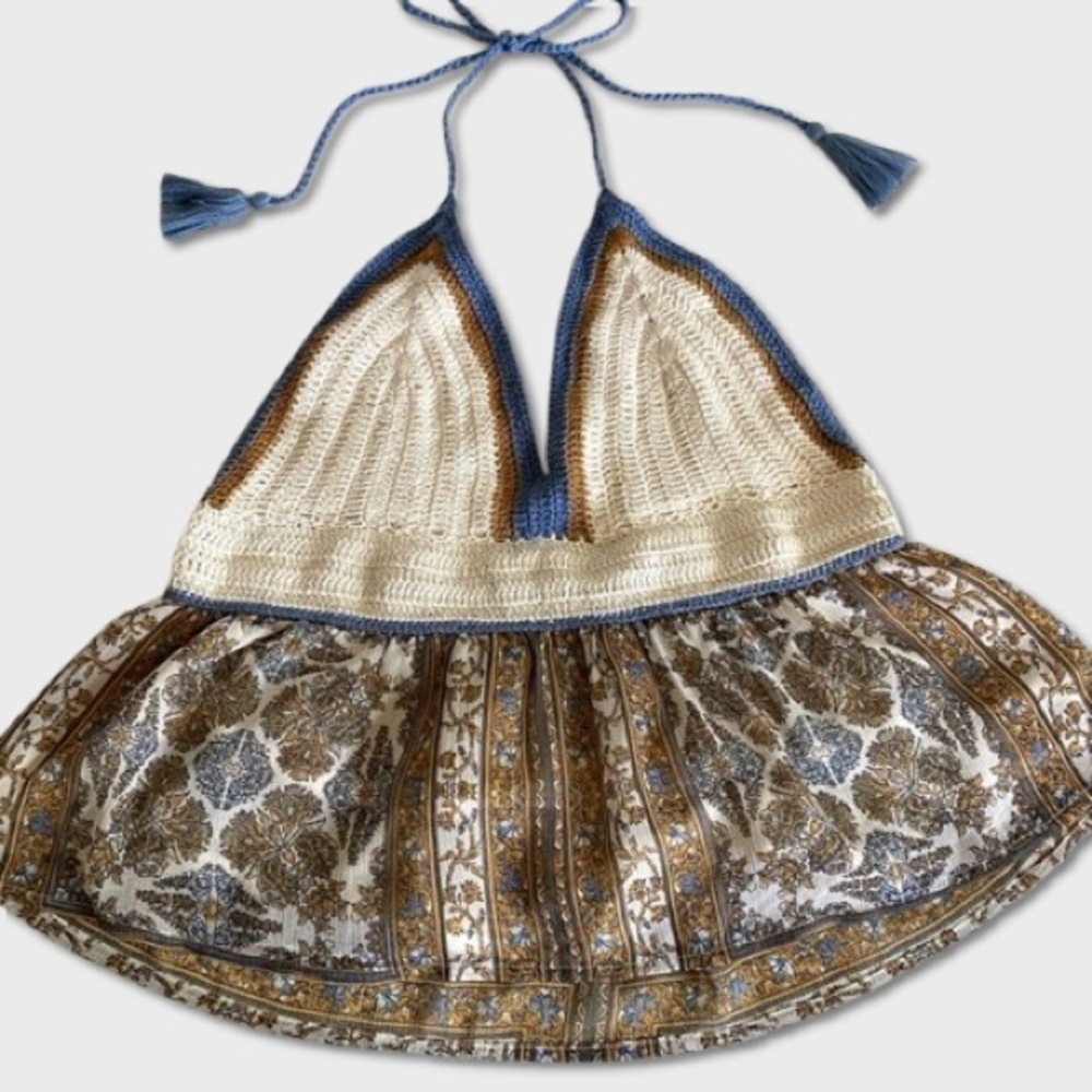 Boho Crochet Floral Tie Crop Top American Eagle Blue Cream Size Medium